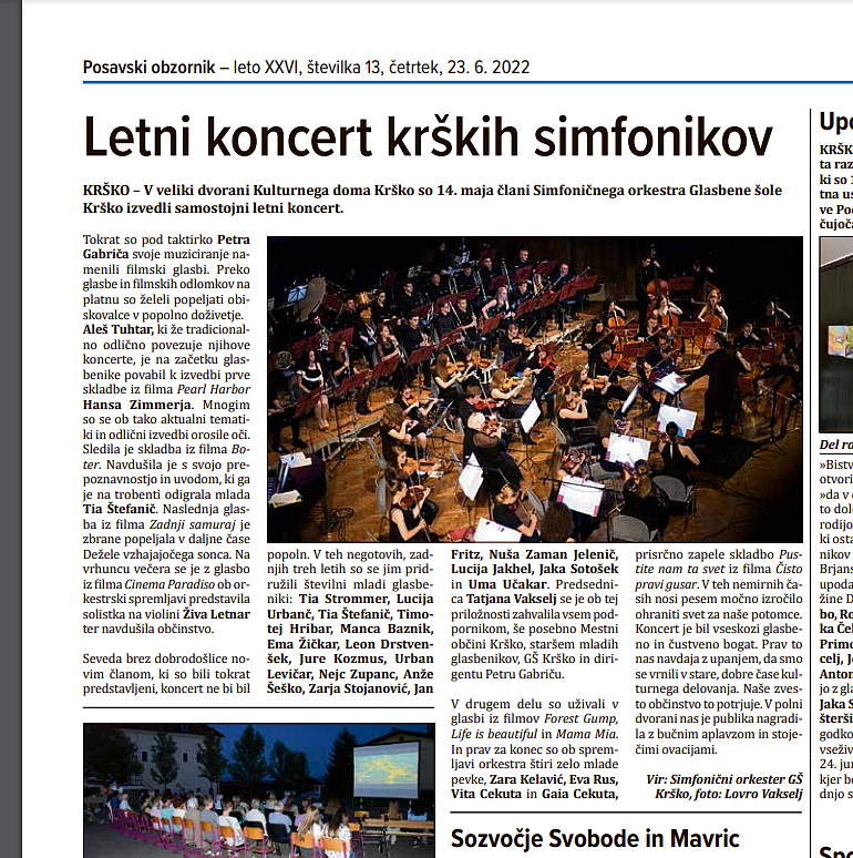 Letni koncert krških simfonikov v tisku